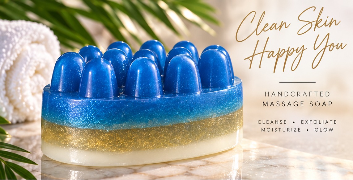 Blue and gold handmade massage bar soap — handcrafted massage soap that cleanses, exfoliates, moisturizes and glows