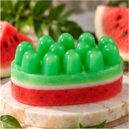 Handmade watermelon massage bar soap with red, white and green layers