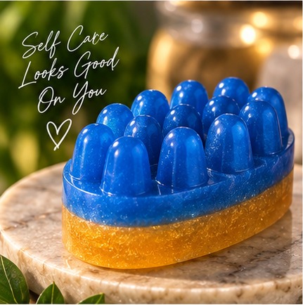 Blue and gold handmade massage bar soap on a marble dish