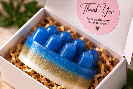 Blue and gold massage bar soap in a gift box with a thank-you sticker